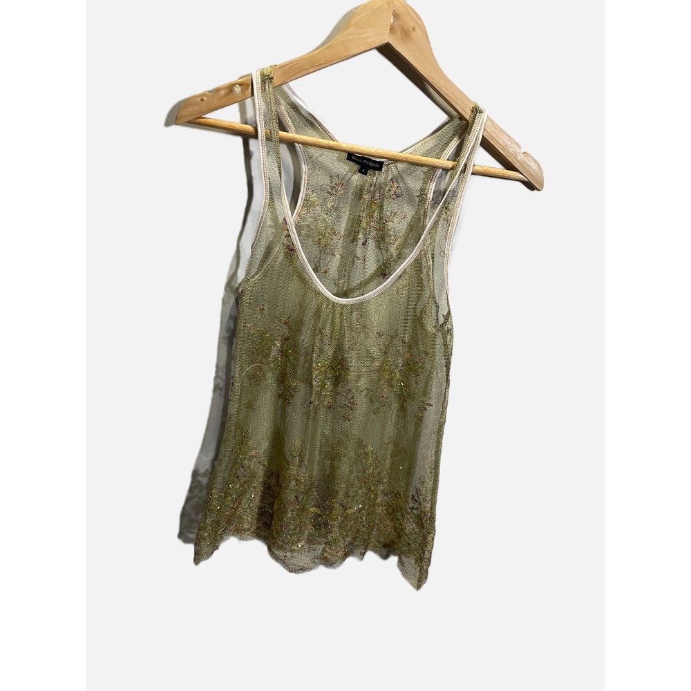 Blue Angels Tank Top Womens S Green Mesh Embroidered Sequin Fairycore Boho